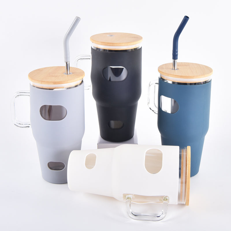China Warehouse-32 Oz Glass Tumbler with Bamboo Lid/straw and Silicone Sleeve