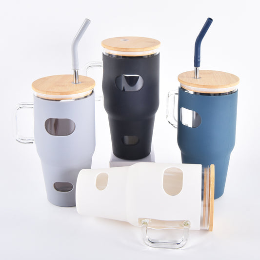 China Warehouse-32 Oz Glass Tumbler with Bamboo Lid/straw and Silicone Sleeve