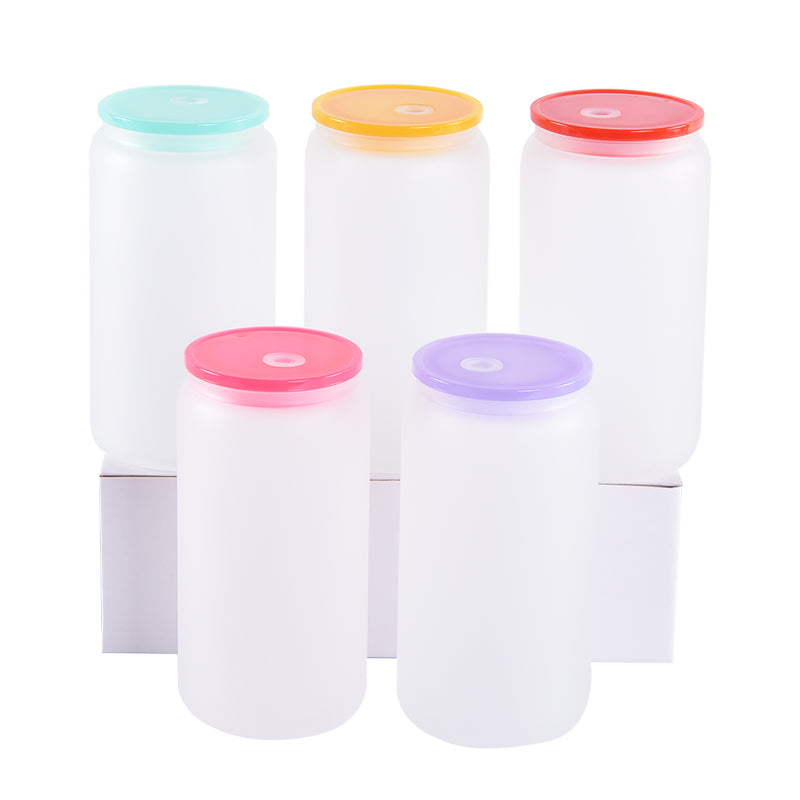 16oz frosted blank sublimation glass cans with BPA-free color lids