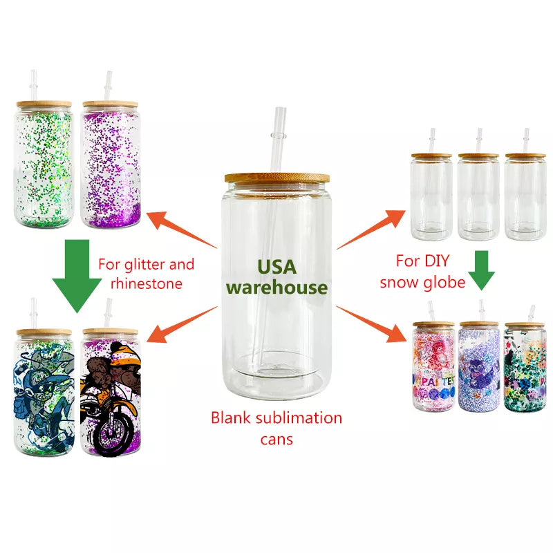 China Warehouse-20oz double walled glass can blank sublimation snow globe glitter  glass beer Can