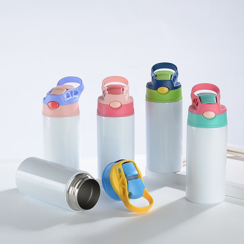 RTS China Warehouse 12oz Sublimation Straight Top Flip Kids Water Bottle with Colorful Top Mix Colors