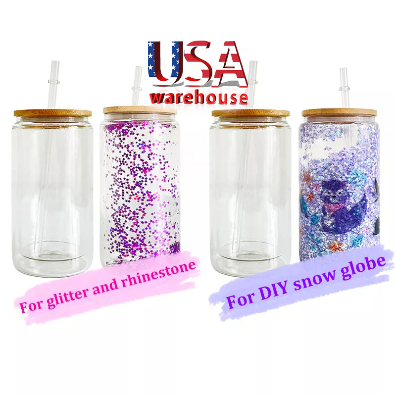 16oz snow globe sublimation glass glitter beer glass can with bamboo lid