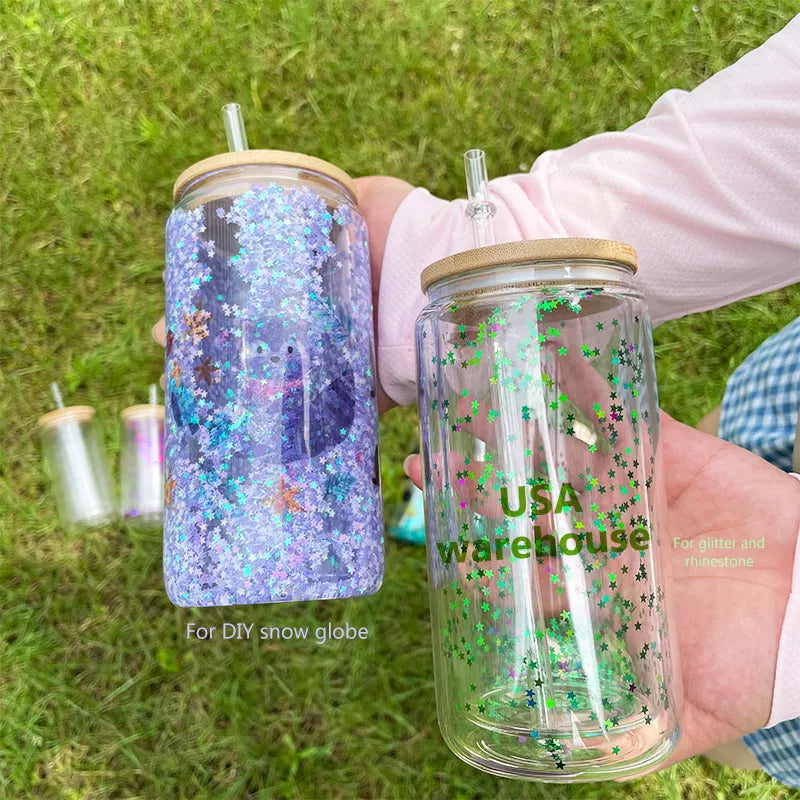16oz snow globe sublimation glass glitter beer glass can with bamboo lid