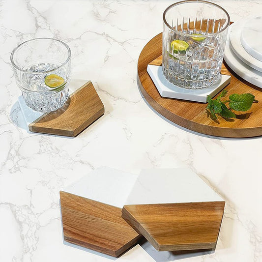 USA warehouse-48pcs/box Marble+Wood hexagon coaster