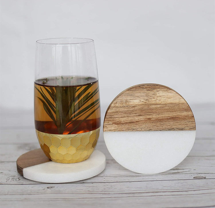 USA warehouse-Marble+Wood Round coaster