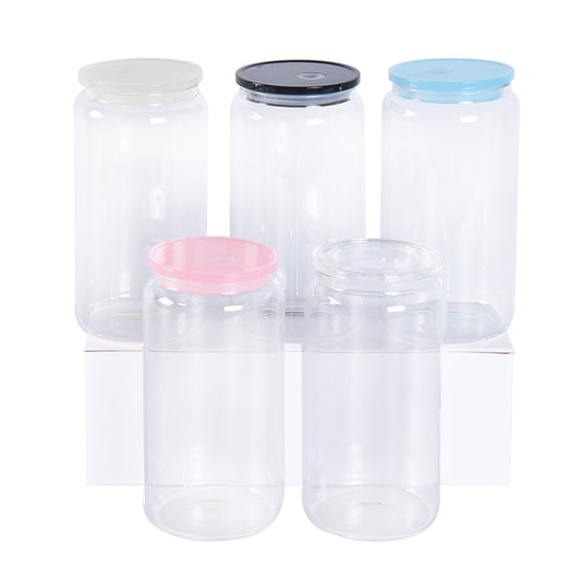 16oz 50pcs clear blank sublimation glass cans with BPA-free color lids