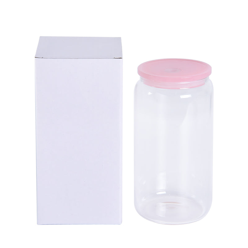 16oz 50pcs clear blank sublimation glass cans with BPA-free color lids