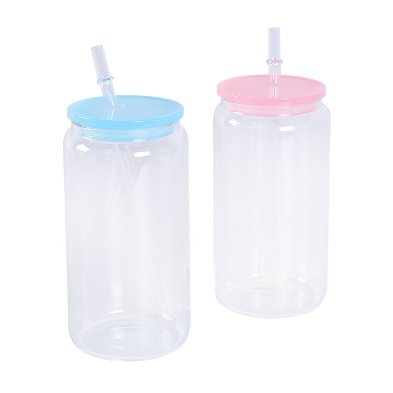 16oz 50pcs clear blank sublimation glass cans with BPA-free color lids