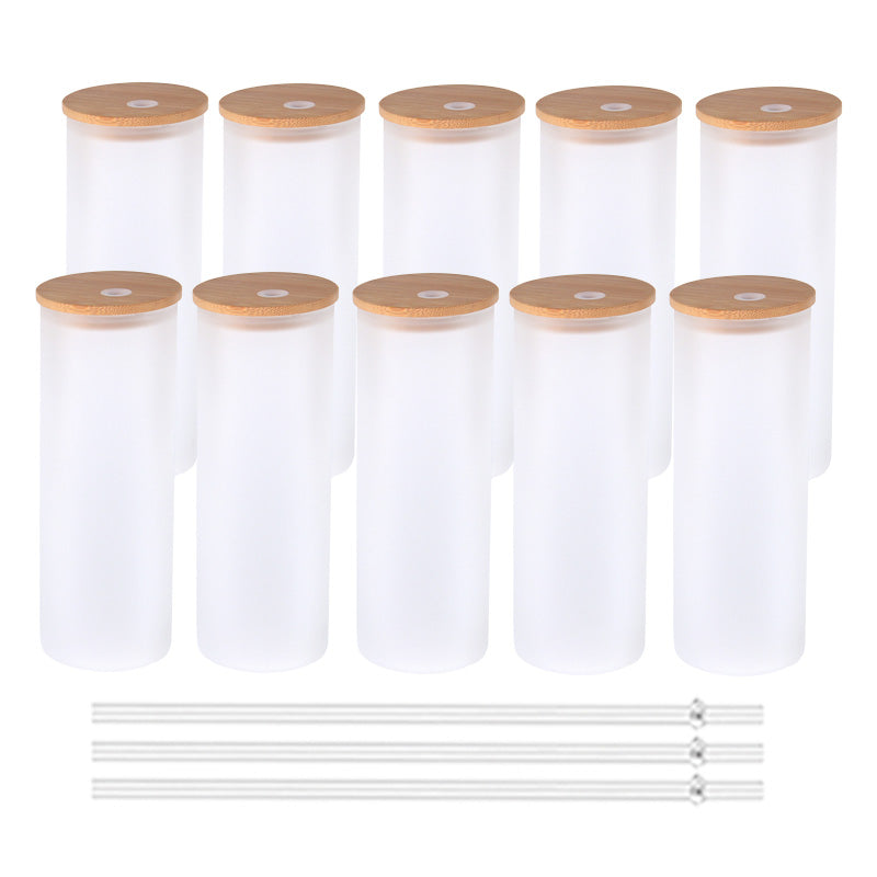 25 Pcs Wholesale 25oz Reusable Frosted Sublimation Drinking Glass Coffee Tumblers With Bamboo Lid And Straw