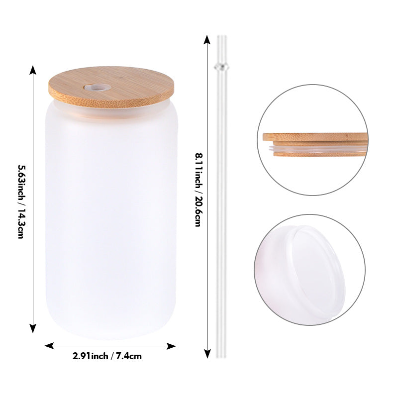 16oz Sublimation Glass Can, Clear Sublimation Glass Can, Frosted Glass Beer  Can, Sublimation Tumbler With Bamboo Lid and Plastic Straw 